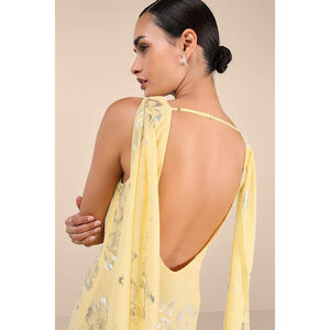 Lulus Sidonia Yellow And Gold Floral Cowl Sash Maxi Dress - Size L